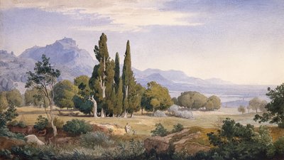 Uma Paisagem Arcadiana (lápis e aguarela) de Johann Wilhelm Schirmer