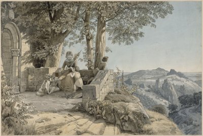 Paisagem rochosa; em primeiro plano, uma jovem com três crianças e um cão, em frente a um portal românico de Johann Wilhelm Schirmer