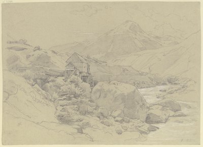 Moinho de água numa paisagem montanhosa de Johann Wilhelm Schirmer
