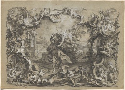 O anjo carregando Habacuque pelos cabelos, cercado por uma elaborada moldura rococó de Johann Wolfgang Baumgartner