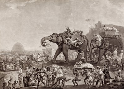 Embaixada de Hyderbeck em Calcutá, do Vizir de Oude, no Caminho de Patna, no ano de 1788, para conhecer Lord Cornwallis, pub.c.1800 (mezzotint) de Johan Joseph Zoffany