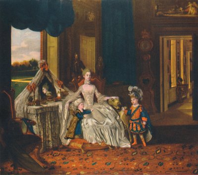 Rainha Charlotte no camarim com o príncipe e o duque em trajes extravagantes, c1766, 1948 de Johan Joseph Zoffany