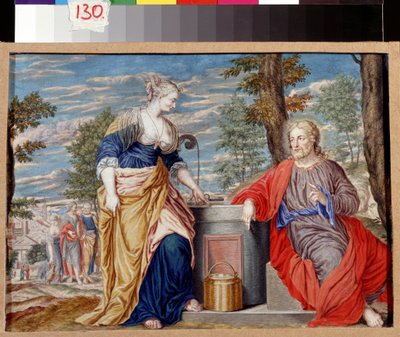 Cristo e a mulher samaritana no Poço de Jacob. Cristo e a mulher samaritana no poço de Jacob. Pintura de Johannes Koenig (1586-1632/1635). Arte alemã, estilo barroco. Gouache em pergaminho. Pushkin Museum of Fine Arts, Moscovo. de Johann or Hans Konig