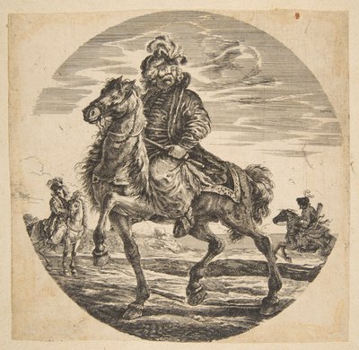 Cavaleiro húngaro cavalgando à esquerda, outros cavaleiros ao fundo, uma circular c....n.d. de Johanna Christina Küsel