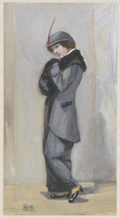Mulher em pé de casaco comprido com pêlo de Johannes Abraham Mondt