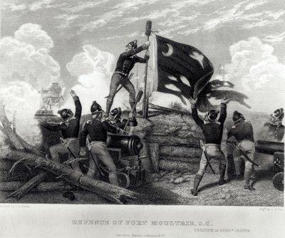 O heroísmo do sargento William Jasper em defesa de Fort Moultrie, Carolina do Sul, em 12 de maio de 1780, gravado por GR Hall de Johannes Adam Simon Oertel