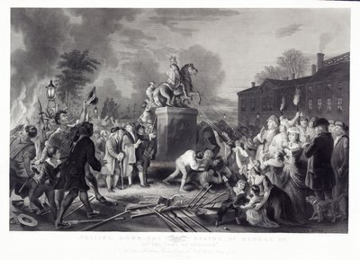 Descendo a Estátua de George III pelos Filhos da Liberdade, no Bowling Green, Cidade de Nova York, julho de 1776, pub. 1875 de Johannes Adam Simon after Oertel