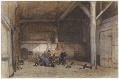 Interior do agricultor com dois homens e uma mulher à mesa, além de algumas galinhas e gatos de Johannes Bosboom