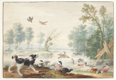 Um cachorro e patos à beira do lago de Johannes Bronckhorst