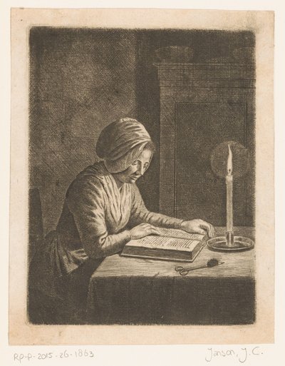 Sala escura com mulher de leitura de Johannes Christiaan Janson