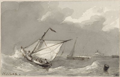 Barco de pesca em mar agitado, com uma vila à frente de Johannes Christiaan Schotel