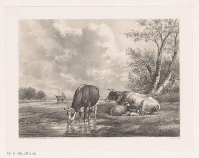 Duas vacas e ovelhas junto à água de Johannes Christiaan d
