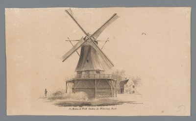 Vista do moinho de vento De Vink fora do Weteringpoort Moinho de Vento de Vink fora do Wetering Poort (título no objeto) de Johannes Cornelis van Pappelendam