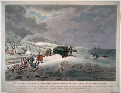 Chegada da Resolução e Descoberta na costa leste de Kamchatka sob o comando dos capitães Charles Clerke (1740-1779) e John Gore (mort en 1790) - Eckstein, Johannes (1735-1817) - 1779 - Aquatint - 51x65,8 - Colecção Privada de Johannes Eckstein