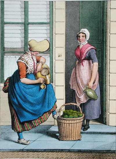 Uma mulher vendendo leite e legumes, ilustração de 
