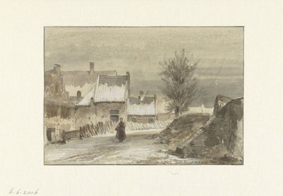Vista de inverno com mulher em pé no gelo de Johannes Franciscus Hoppenbrouwers