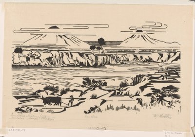 Paisagem, Java Central: Merbaboe, Merapi, rio Ello (título original sobre o objecto) de Johannes Frederik Engelbert ten Klooster (signed by artist)