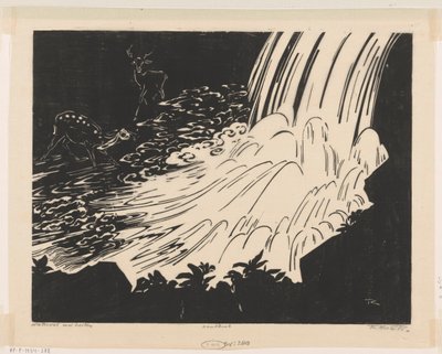 Waterval met herten (título original sobre o objecto) de Johannes Frederik Engelbert ten Klooster (signed by artist)