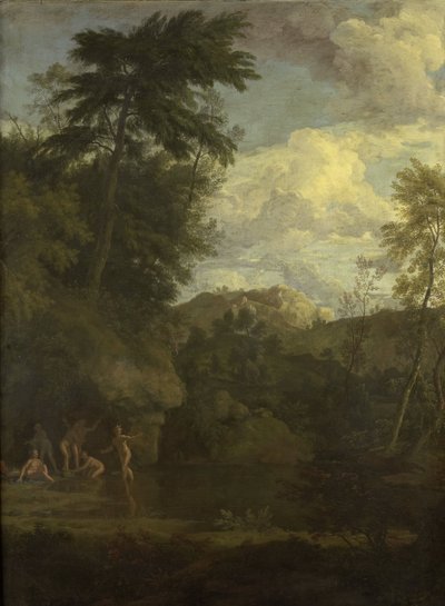 Paisagem Arcadian com Diana Bathing de Johannes Glauber