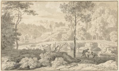 Paisagem Arcadian com figuras por um lago de Johannes Glauber