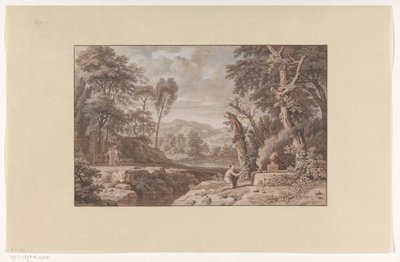 Paisagem Arcadian com uma cena de sacrifício de Johannes Glauber