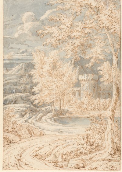 Arcadian Mountain Landscape com uma Torre Redonda de Johannes Glauber