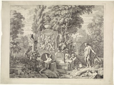 Paisagem com uma fonte e Diana e suas ninfas Representações bíblicas, mitológicas e alegóricas (título da série) de Johannes Glauber
