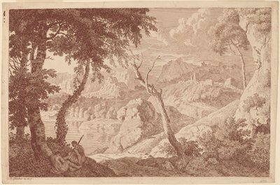 Paisagem de montanha com dois homens descansando de Johannes Glauber