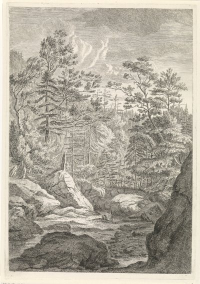 Ravina com árvores e um riacho
Paisagens nas Montanhas Chartreuz (título da série) de Johannes Glauber