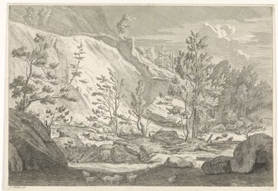Ravina com um rebanho de ovelhas Paisagens nas Montanhas Chartreuzer (título da série) de Johannes Glauber