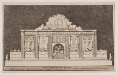 "Fachada da Decoração das Iluminações que Banqven em Kiøbenhavn na Bolsa de Valores erigiu por ocasião de Sua Majestade o Rei Friderich a V Liig Procissão" de Johannes Gottfred Bradt