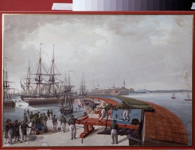 Vista de Reval (agora Tallin (Tallin), Estónia), do Porto e da Artilharia Costeira Russa. Trabalho de Johannes Hau (1771-1838), aguarela sobre papel de Johannes Hau