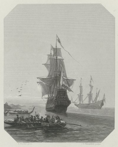 Chegada de Abel Tasman na Nova Zelândia, 1642-1643, ca 1865 de Johannes Heinrich Maria Hubert Rennefeld