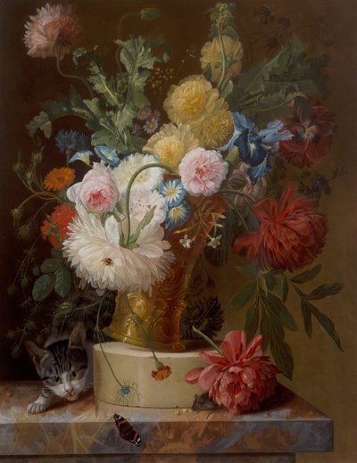 Natureza-morta de flores num parapeito com um gato de Johannes Hendrick Fredriks