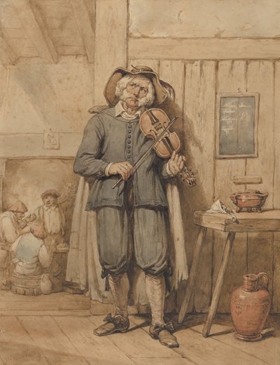 Um violinista numa Taberna, com Três Homens ao Fundo, em meados do século XIX. de Johannes Hendrik van West