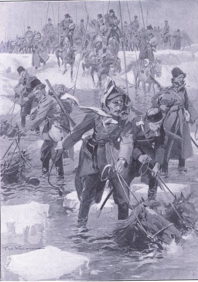 Uma façanha de equitação. Cavalaria russa atravessando um rio, ilustração fromCassells História da guerra russo-japonesa Vol 1, c.1900 de Johannes Hermann Barend Koekkoek
