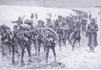Japonês em marcha. Homens no lugar de pôneis de pacote, ilustração fromCassells História da Guerra Russo-Japonesa Vol 1, c.1900 de Johannes Hermann Barend Koekkoek