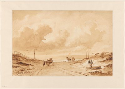 Paisagem com estrada entre dunas para o mar de Johannes Hermanus Barend Koekkoek