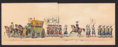 Procissão histórica por estudantes da Universidade de Ciências Aplicadas de Groningen, 1850 (placa 4) Representação fantasiada da entrada de Maurits, Príncipe de Orange, Conde de Nassau, etc. e Willem Lodewijk, Conde de Nassau, dentro de Groningen no ano d de Johannes Hermanus van de Weijer