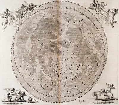 Primeiro mapa detalhado da Lua desenhado em 1647 por Johann Hevelius, impressão tirada do atlas celestial de Johann Hevelius (1611-1687) Selenographia sive Lunae descriptio, Gdansk de Johannes Hevelius