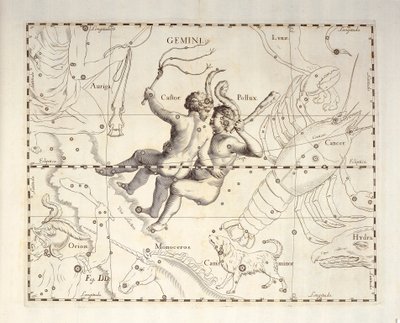 Constelação Gemini de Gemini, gravura de atlas celeste Firmamentum Sobiescianum sive Uronographia, de Johann Hevelius (1611-1687), Gdansk de Johannes Hevelius