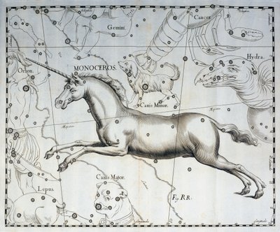 Monoceros, constelação de Unicórnio, gravura do atlas celeste Firmamentum Sobiescianum sive Uronographia, de Johann Hevelius (1611-1687), Gdansk de Johannes Hevelius