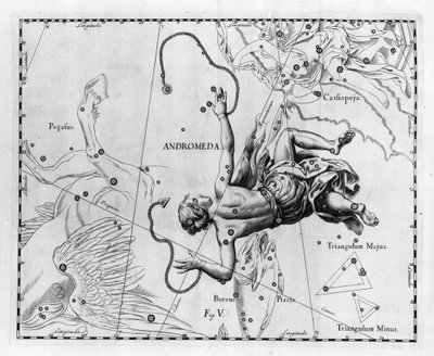 A constelação Andromede. Placa retirada de "Firmamentum Sobiescanum sive Uranographia" de Johannes Hevelius ou Hevel (1611-1687) de Johannes Hevelius
