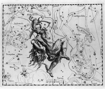 A constelação Persee. Placa retirada de "Firmamentum Sobiescanum sive Uranographia" de Johannes Hevelius ou Hevel (1611-1687) de Johannes Hevelius