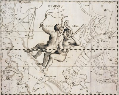 A constelação de Gêmeos, ilustração de Firmamentum Sobiescianum sive Uranographia, de Johann Hevelius (1611-1687), Gdansk 1690 de Johannes Hevelius