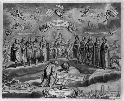 Os famosos astrónomos. Entre eles, da esquerda para a direita: Walterus (?) , Tycho Brahe (Tyge Ottesen Brahe), conhecido como Le noble Danish ou L