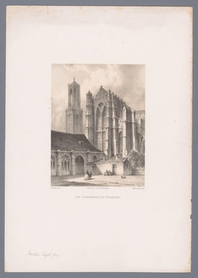 Vista da Igreja Dom e Torre Dom em Utrecht A Igreja Dom em Utrecht (título no objeto) Vistas holandesas da cidade e do porto após desenhos de Everhardus Koster (título da série) Caderno de esboços de E. Koster: Dutch City and Harbor Views (título da série) de Johannes Hilverdink