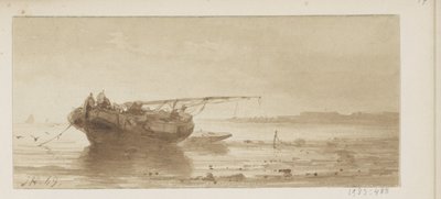 Navio com vela baixada sobre um rio de Johannes Hilverdink