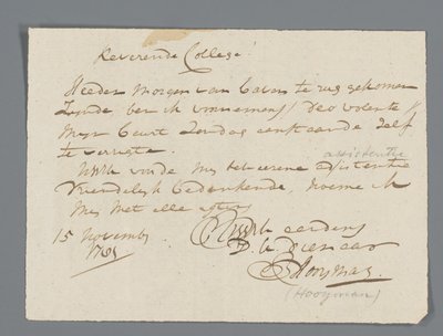 Carta do Rev. Hooyman para Jan Brandes de Johannes Hooyman