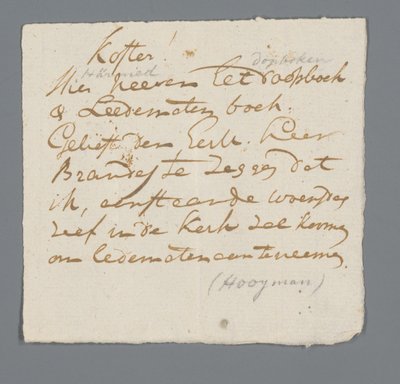 Carta do Rev Hooyman ao sexton de Johannes Hooyman